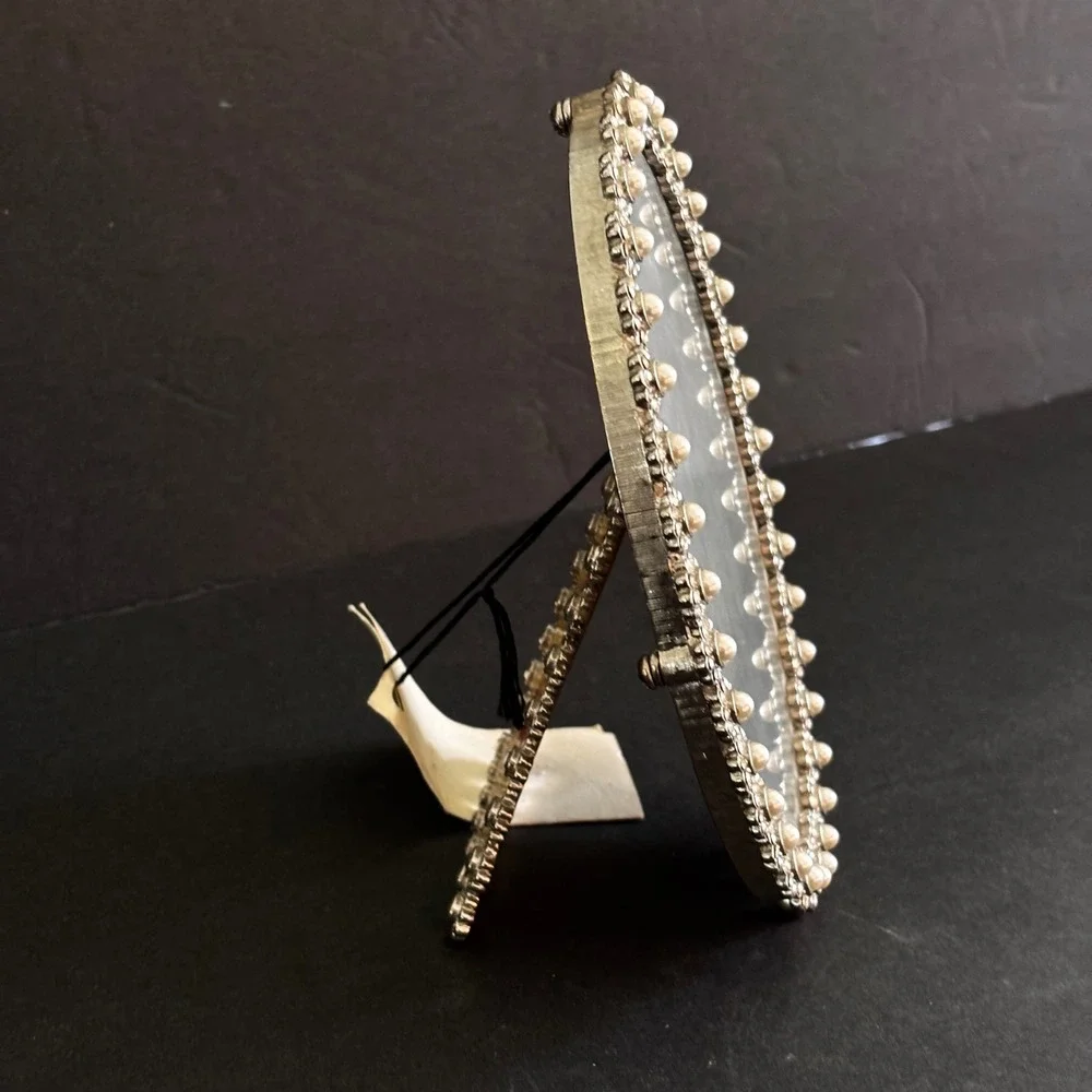 Jay Strongwater Small Oval Picture Frame Silver Tone Crystals Faux Pearls Tag